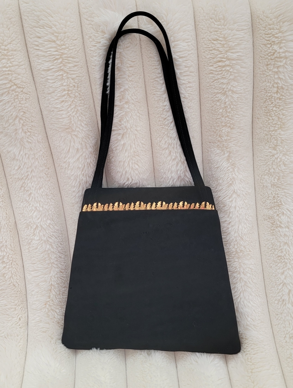 VINTAGE 1950s EUC ROSENFELD Black Suede Handbag w/ Gold Trim Detail